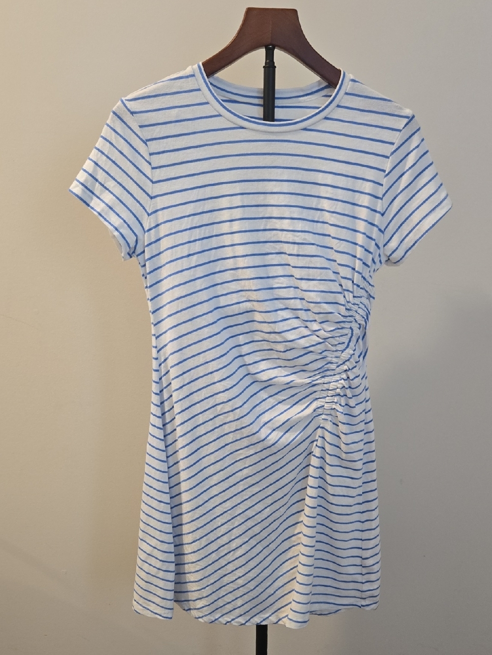 Universal Thread White & Light Blue Striped Side-Ruched Mini Dress